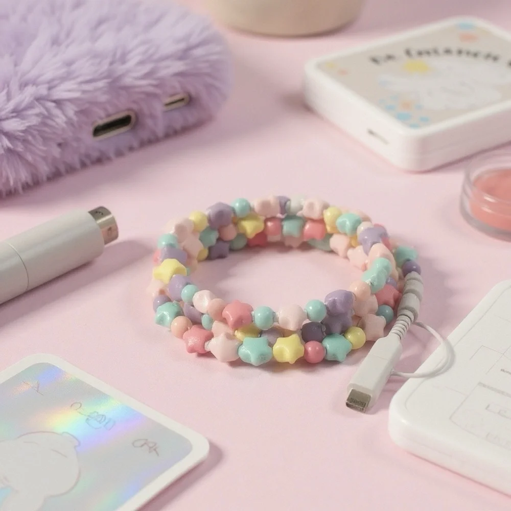 Kawaii Beaded Phone Charger Cable Pastel Star USB Lightning USB-C Cute Cord NIB